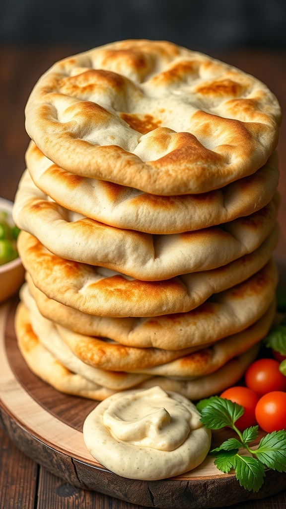 Homemade Pita Bread Recipe Freshly baked pita bread stacked on a wooden board with hummus and vegetables.